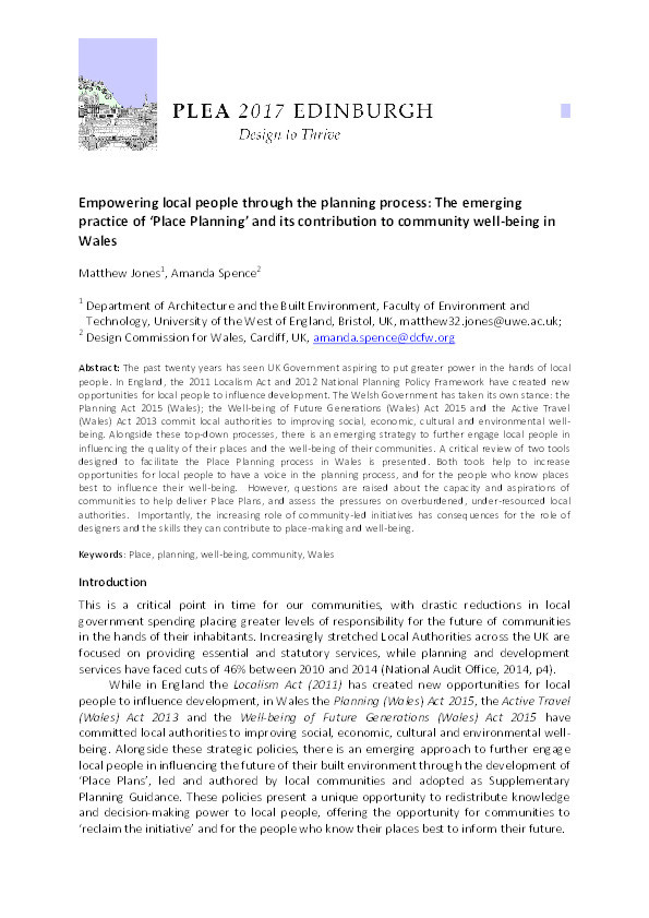 Empowering local people through the planning process: The emerging practice of ‘Place Planning’ and its contribution to community well-being in Wales Thumbnail