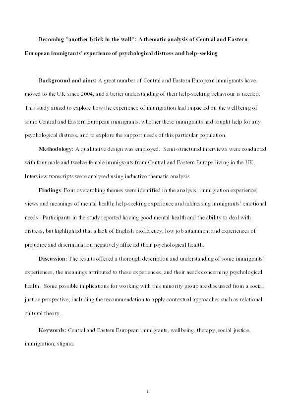 Becoming "another brick in the wall": A thematic analysis of Central and Eastern European immigrants' experience of psychological distress and help-seeking Thumbnail