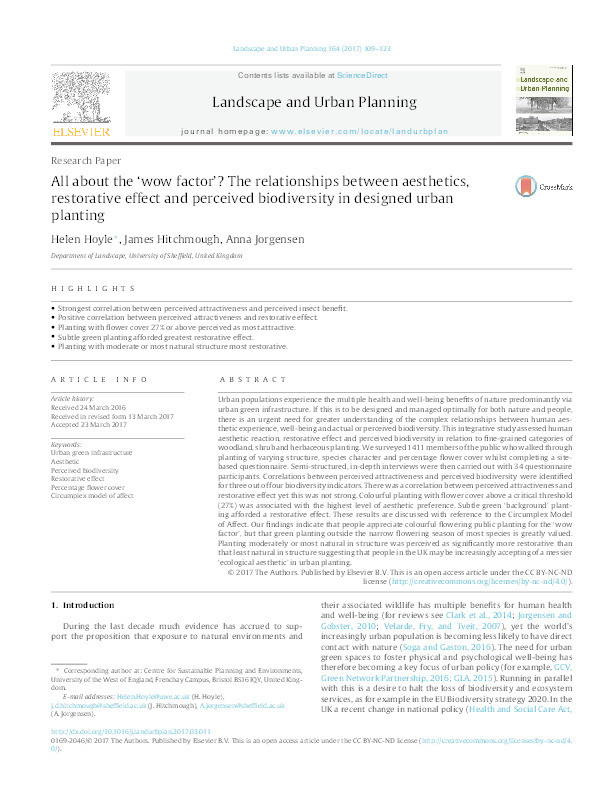 All about the ‘wow factor’? The relationships between aesthetics, restorative effect and perceived biodiversity in designed urban planting Thumbnail