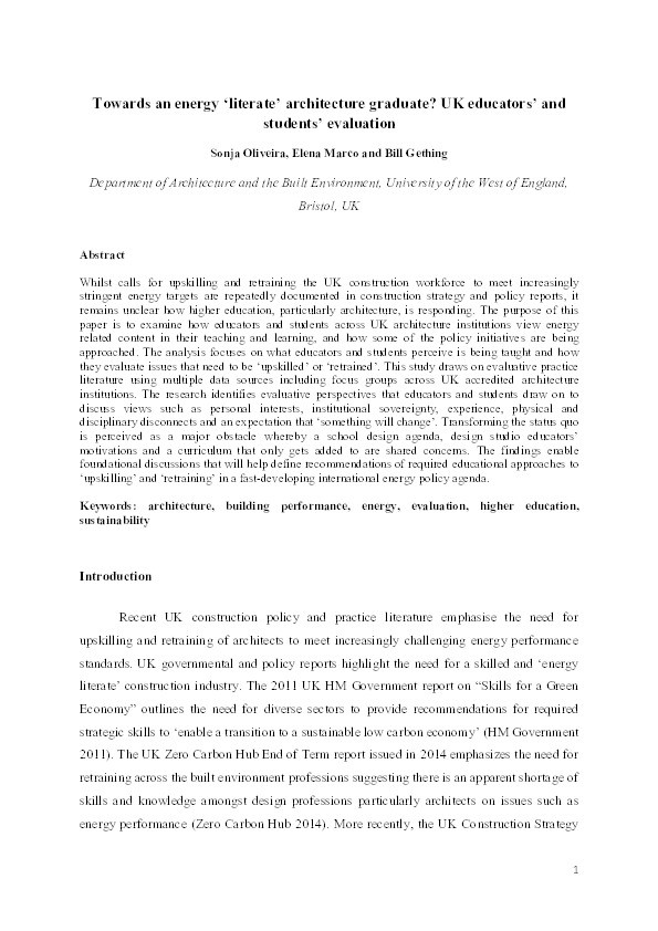 Towards an energy ‘literate’ architecture graduate? UK educators’ and students’ evaluation Thumbnail