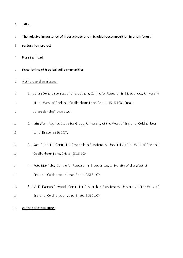 The relative importance of invertebrate and microbial decomposition in a rainforest restoration project Thumbnail