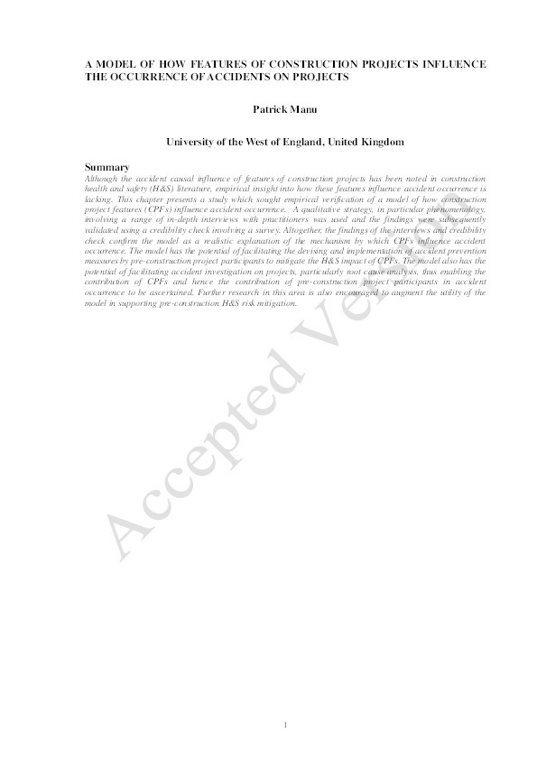 A model of how features of construction projects influence accident occurrence Thumbnail