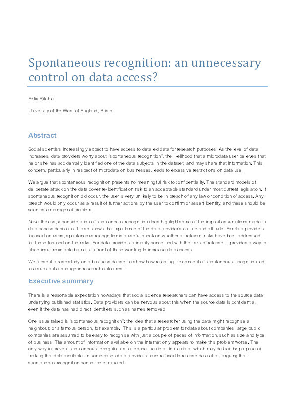 Spontaneous recognition: An unnecessary control on data access? Thumbnail