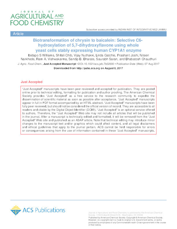 Biotransformation of Chrysin to Baicalein: Selective C6-Hydroxylation of 5,7-Dihydroxyflavone Using Whole Yeast Cells Stably Expressing Human CYP1A1 Enzyme Thumbnail