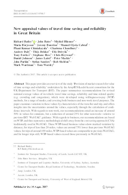 New appraisal values of travel time saving and reliability in Great Britain Thumbnail