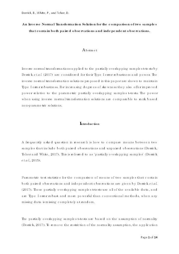 An inverse normal transformation solution for the comparison of two samples that contain both paired observations and independent observations Thumbnail