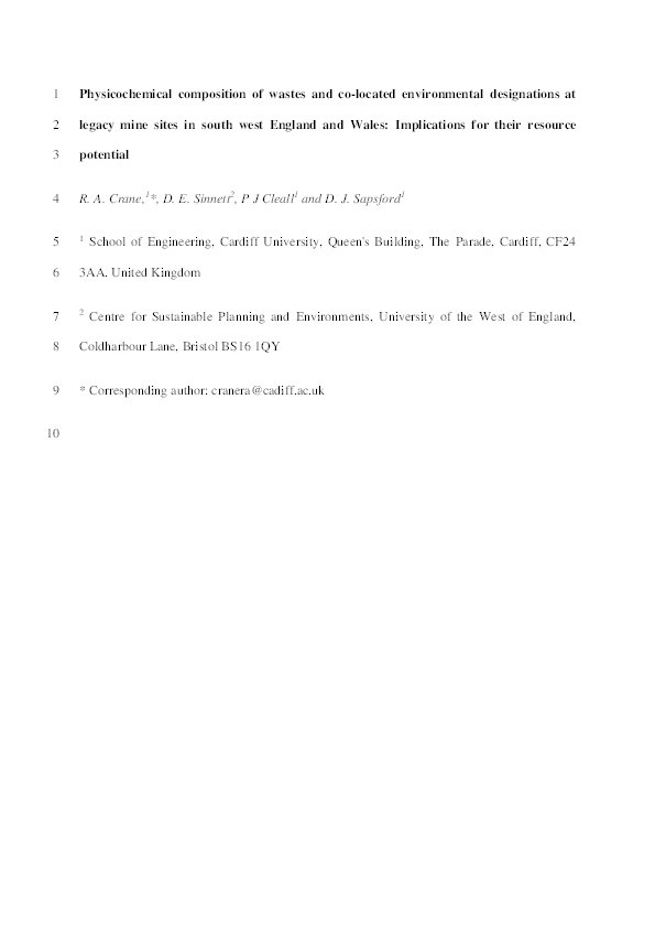 Physicochemical composition of wastes and co-located environmental designations at legacy mine sites in the south west of England and Wales: Implications for their resource potential Thumbnail