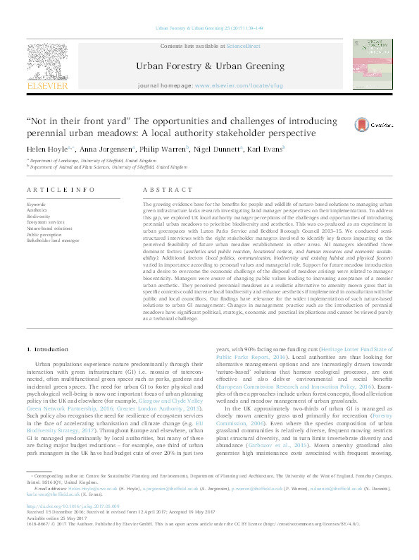 “Not in their front yard” The opportunities and challenges of introducing perennial urban meadows: A local authority stakeholder perspective Thumbnail