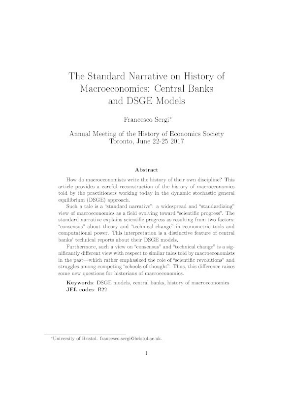 The standard narrative on history of macroeconomics: Central banks and DSGE models Thumbnail