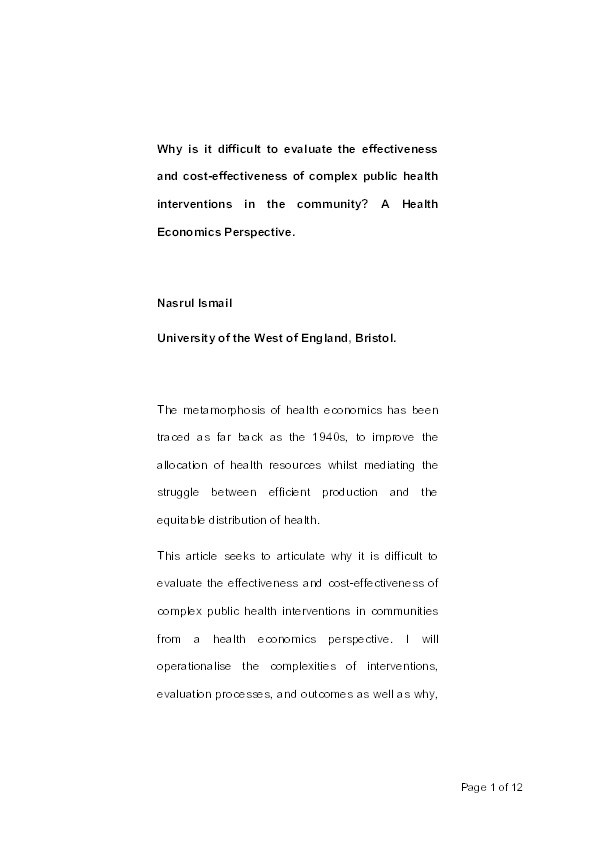 Why is it difficult to evaluate the effectiveness and cost-effectiveness of complex public health interventions in the community? A health economics perspective Thumbnail