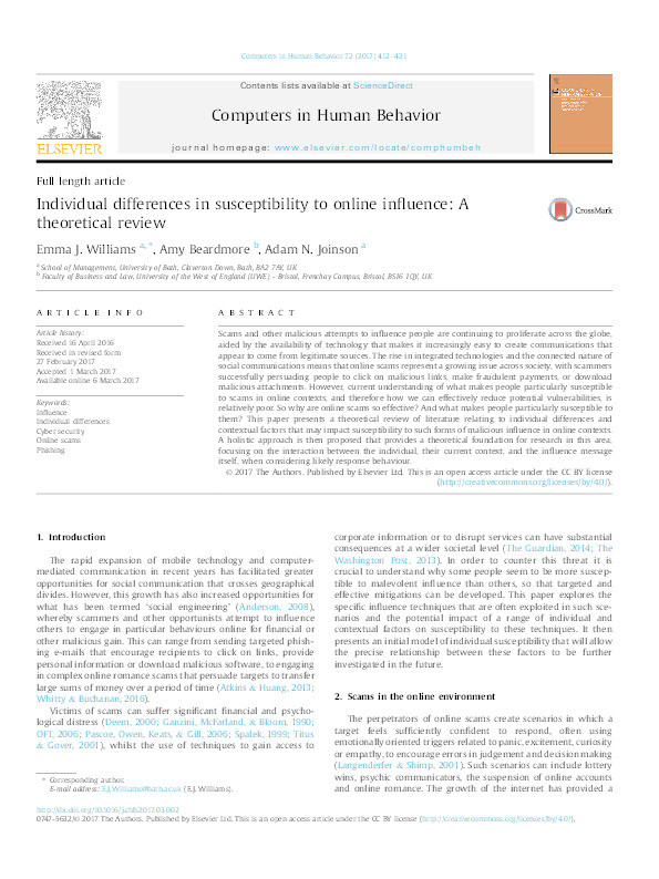 Individual differences in susceptibility to online influence: A theoretical review Thumbnail