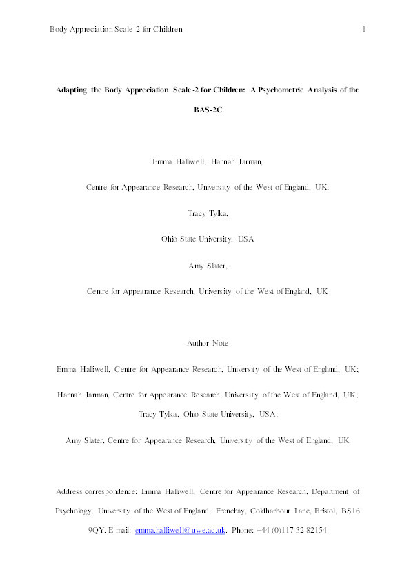 Adapting the Body Appreciation Scale-2 for Children: A psychometric analysis of the BAS-2C Thumbnail