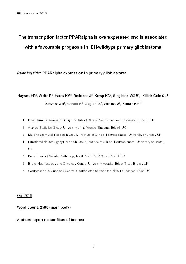 The transcription factor PPARα is overexpressed and is associated with a favourable prognosis in IDH-wildtype primary glioblastoma Thumbnail