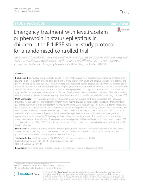 Emergency treatment with levetiracetam or phenytoin in status epilepticus in children-the EcLiPSE study: Study protocol for a randomised controlled trial Thumbnail