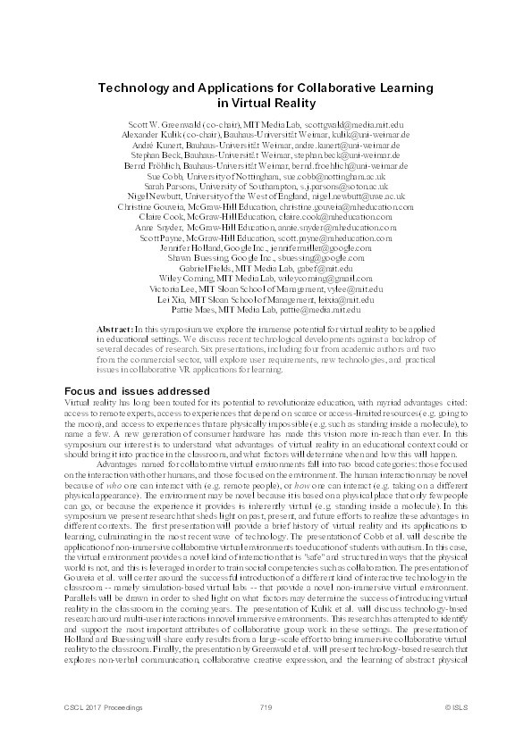 Technology and applications for collaborative learning in virtual reality Thumbnail