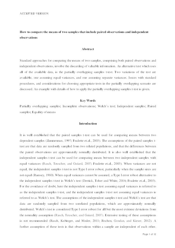 How to compare the means of two samples that include paired observations and independent observations: A companion to Derrick, Russ, Toher and White (2017) Thumbnail