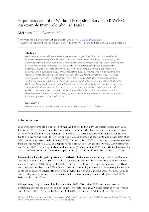 Rapid Assessment of Wetland Ecosystem Services (RAWES): An example from Colombo, Sri Lanka Thumbnail