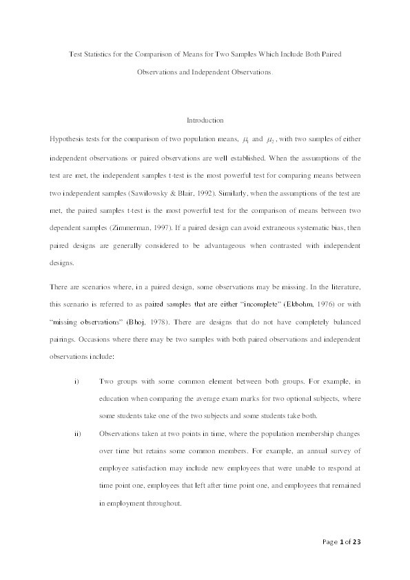 Test statistics for the comparison of means for two samples that include both paired and independent observations Thumbnail