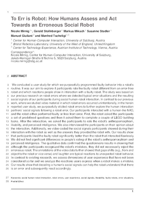 To err is robot: How humans assess and act toward an erroneous social robot Thumbnail