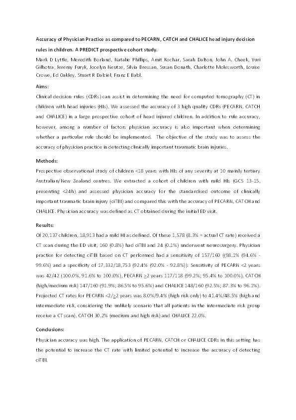 Accuracy of physician practice as compared with PECARN, CATCH and CHALICE head injury clinical decision rules in children. A PREDICT prospective cohort study Thumbnail