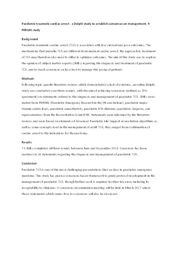 Paediatric traumatic cardiac arrest– A Delphi study to establish consensus on management. A PERUKI study Thumbnail