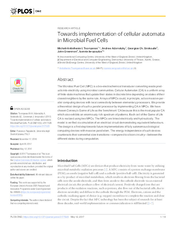 Towards implementation of cellular automata in Microbial Fuel Cells Thumbnail