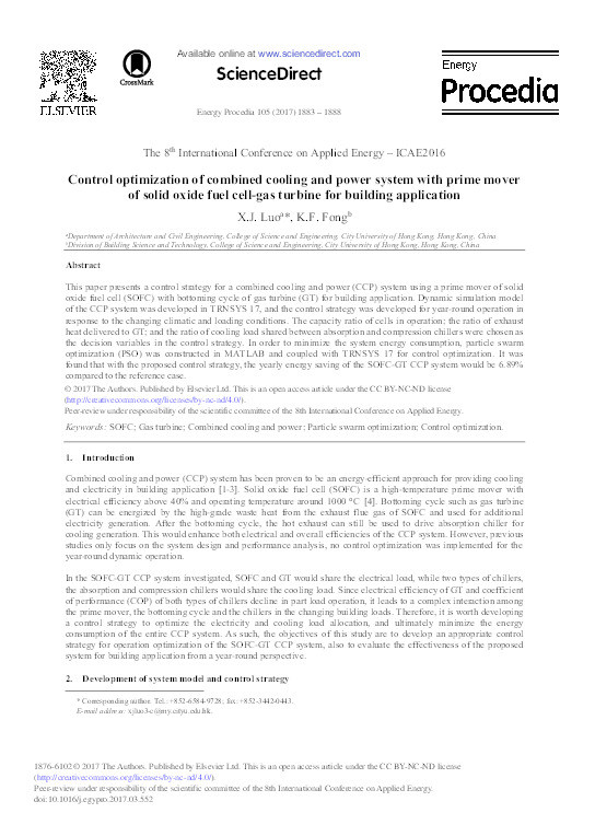 Control Optimization of Combined Cooling and Power System with Prime Mover of Solid Oxide Fuel Cell-gas Turbine for Building Application Thumbnail