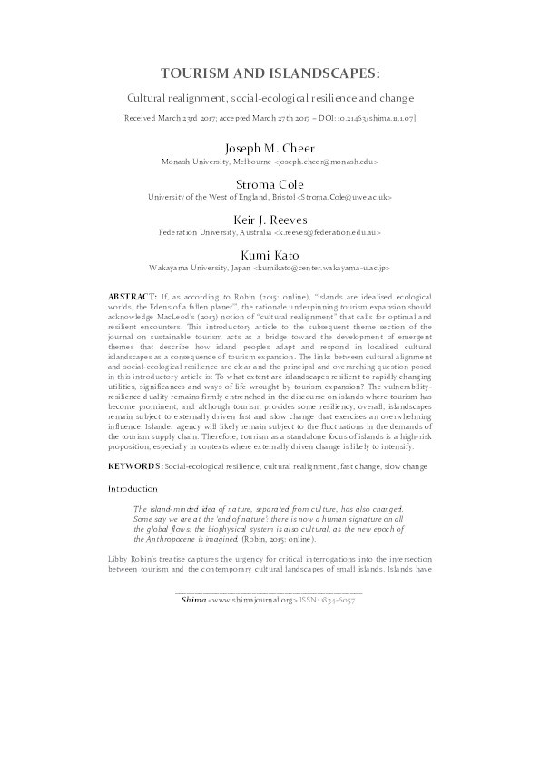 Tourism and islandscapes: Cultural realignment, social-ecological resilience and change Thumbnail