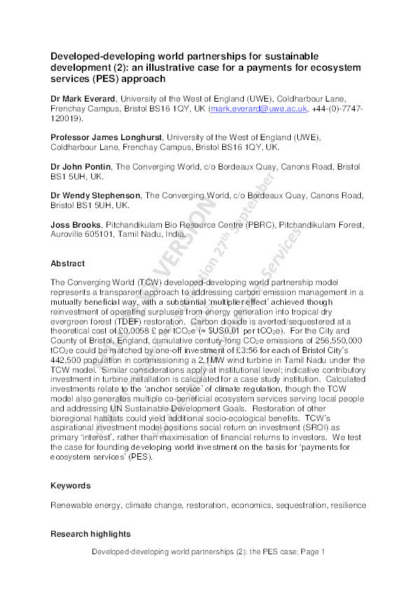 Developed-developing world partnerships for sustainable development (2): An illustrative case for a payments for ecosystem services (PES) approach Thumbnail