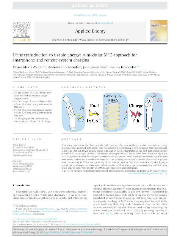 Urine transduction to usable energy: A modular MFC approach for smartphone and remote system charging Thumbnail