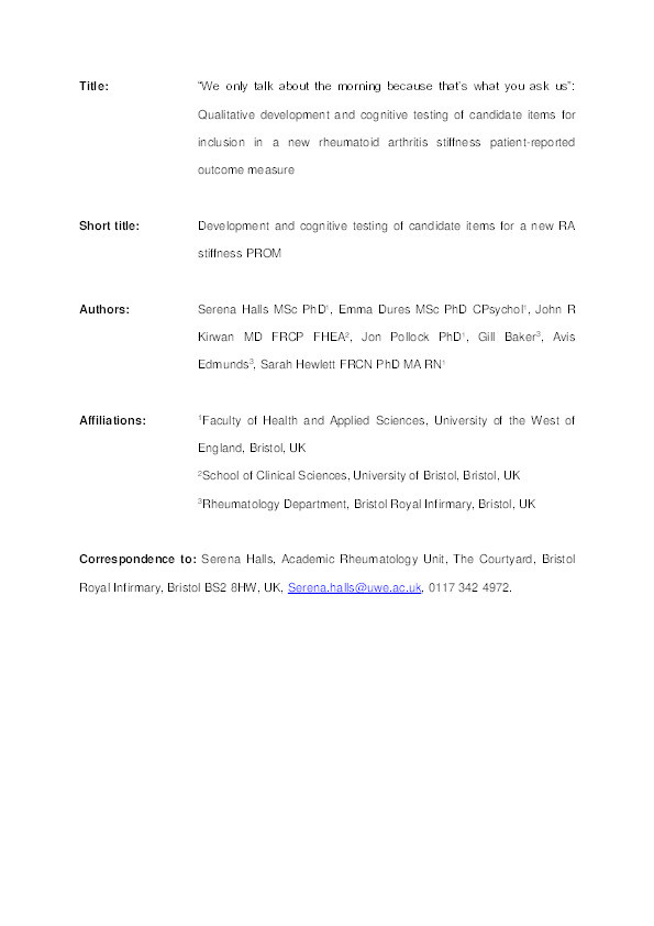 Development and testing of candidate items for inclusion in a new rheumatoid arthritis stiffness patient-reported outcome measure Thumbnail
