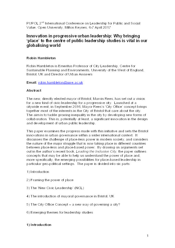 Innovation in progressive urban leadership: Why bringing 'place' to the centre of public leadership studies is vital in our globalising world Thumbnail