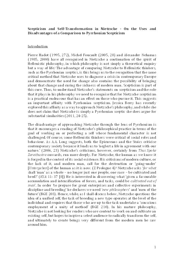 Scepticism and self-transformation in Nietzsche–on the uses and disadvantages of a comparison to Pyrrhonian scepticism Thumbnail