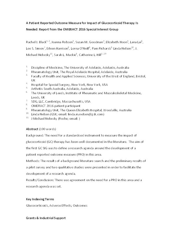 A patient-reported outcome measure for effect of glucocorticoid therapy in adults with inflammatory diseases is needed: Report from the OMERACT 2016 special interest group Thumbnail
