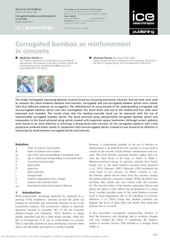 Corrugated bamboo as reinforcement in concrete Thumbnail