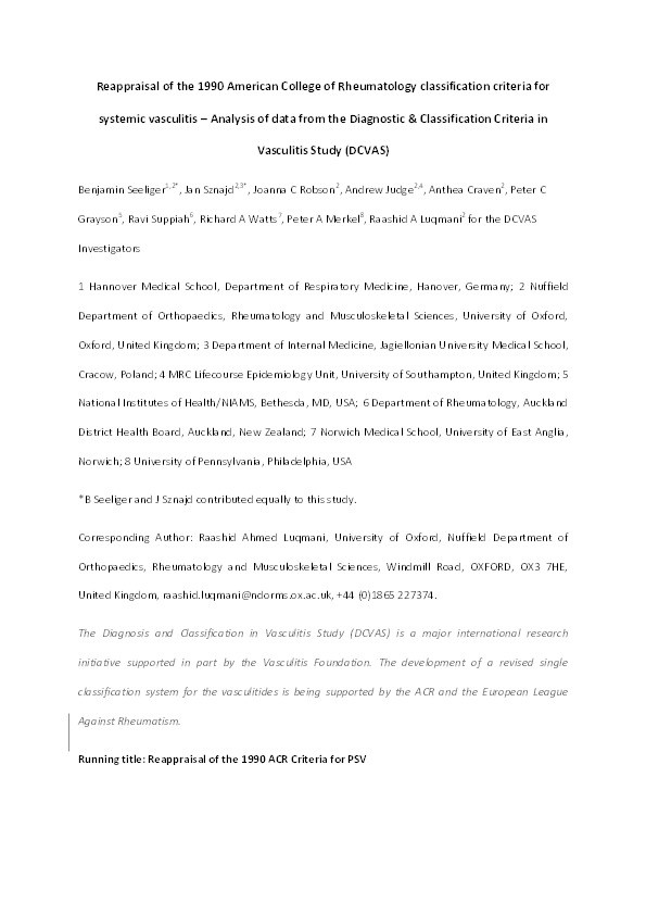 Are the 1990 American College of Rheumatology vasculitis classification criteria still valid? Thumbnail