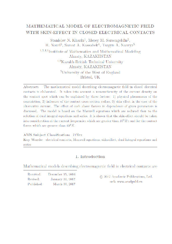 Mathematical model of electromagnetic field with skin-effect in closed electrical contacts Thumbnail