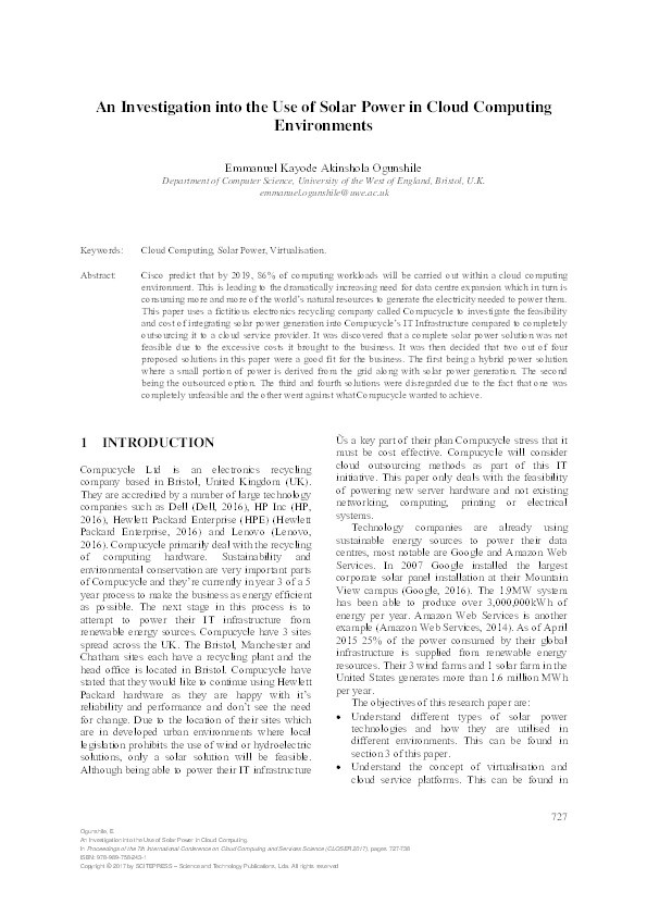 An investigation into the use of solar power in cloud computing environment Thumbnail