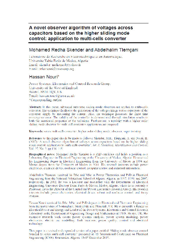 A novel observer algorithm of voltages across capacitors based on the higher sliding mode control: Application to multi-cells converter Thumbnail