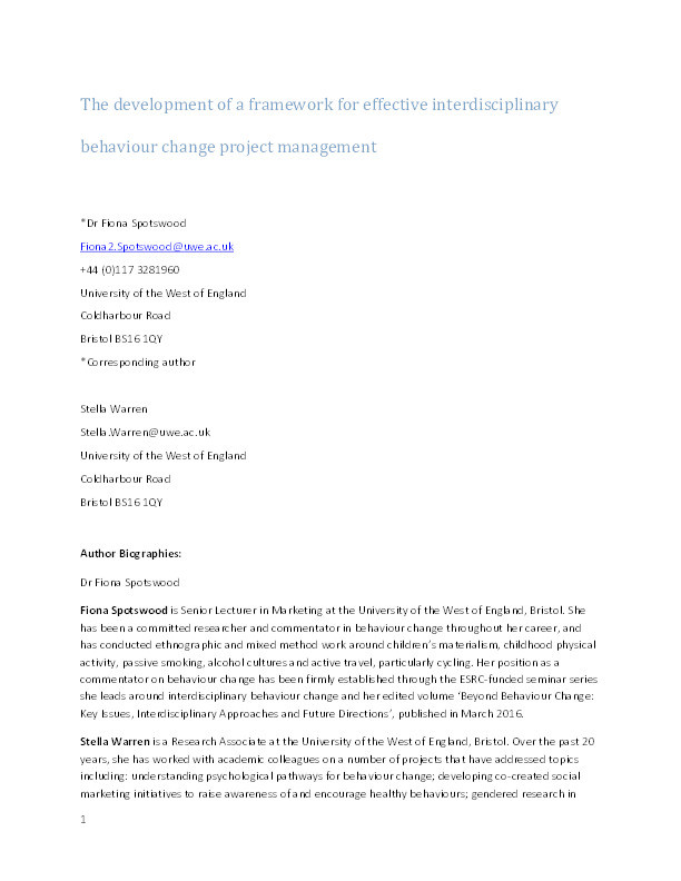The development of a framework for effective interdisciplinary behaviour change project management Thumbnail