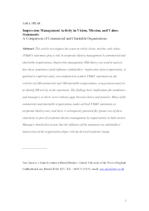 Impression Management Activity in Vision, Mission, and Values Statements: A Comparison of Commercial and Charitable Organizations Thumbnail