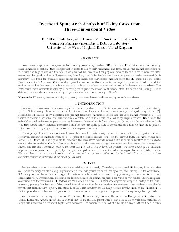 Overhead spine arch analysis of dairy cows from three-dimensional video Thumbnail