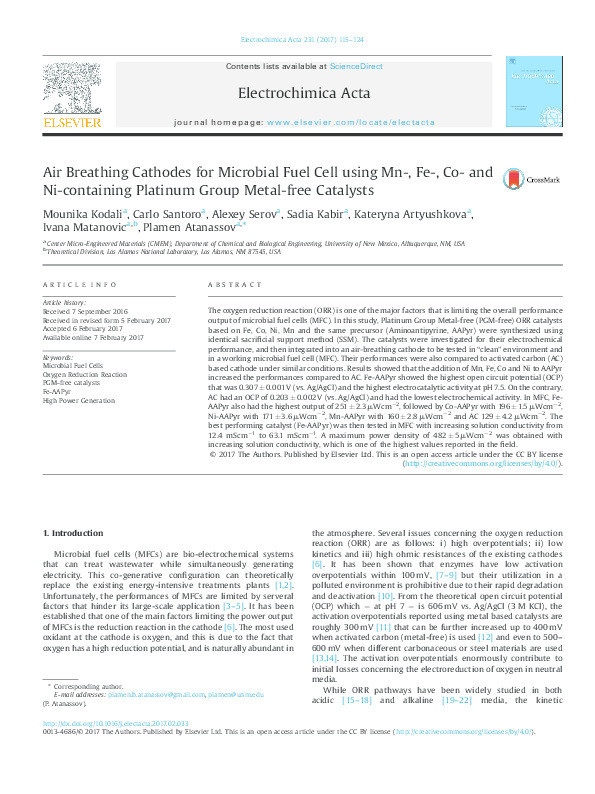 Air Breathing Cathodes for Microbial Fuel Cell using Mn-, Fe-, Co- and Ni-containing Platinum Group Metal-free Catalysts Thumbnail