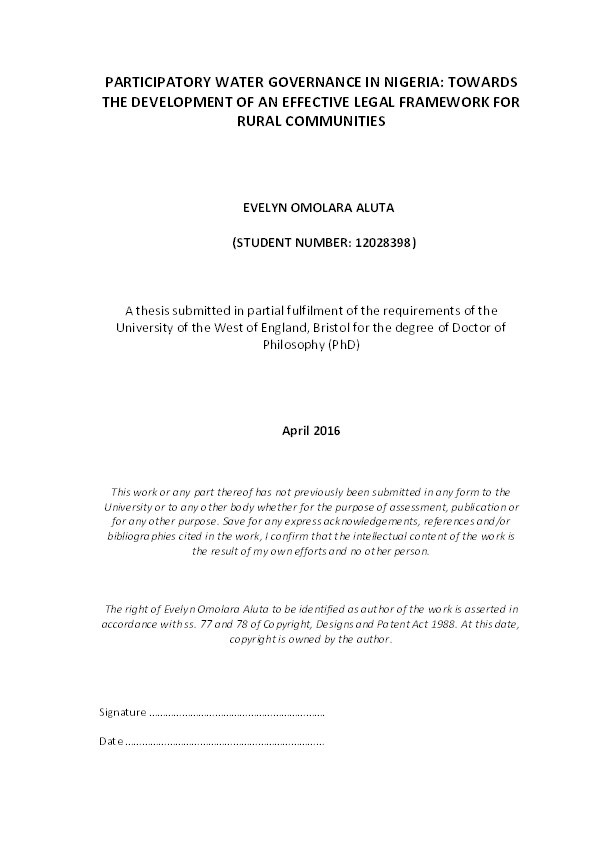 Participatory water governance in Nigeria: Towards the development of an effective legal framework for rural communities Thumbnail