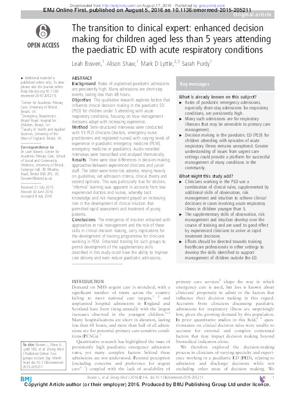 The transition to clinical expert: Enhanced decision making for children aged less than 5years attending the paediatric ED with acute respiratory conditions Thumbnail