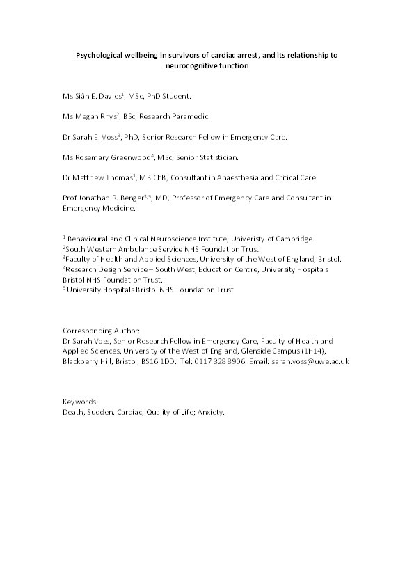Psychological wellbeing in survivors of cardiac arrest, and its relationship to neurocognitive function Thumbnail