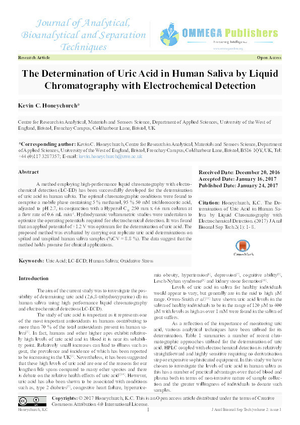 The determination of uric acid in human saliva by liquid chromatography with electrochemical detection Thumbnail