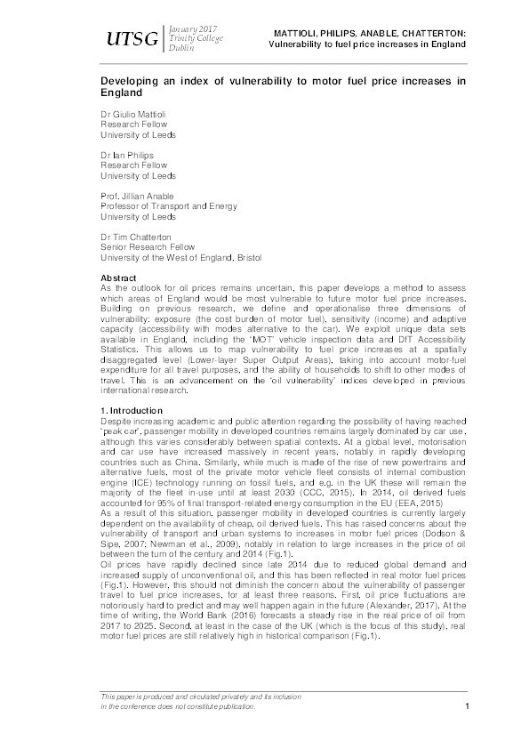 Developing an index of vulnerability to motor fuel price increases in England Thumbnail