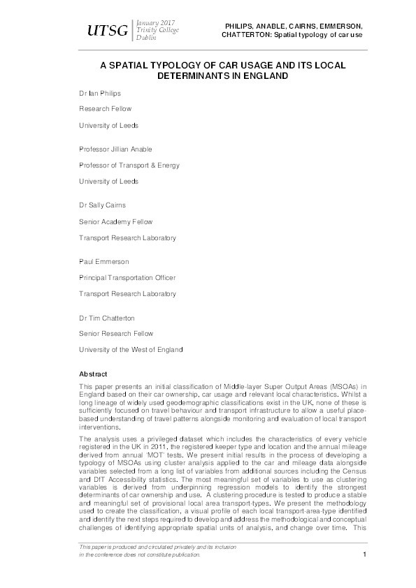 A spatial typology of car usage	and its	local determinants in England Thumbnail