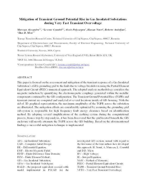 Mitigation of transient ground potential rise in gas insulated substations during very fast transient overvoltage Thumbnail